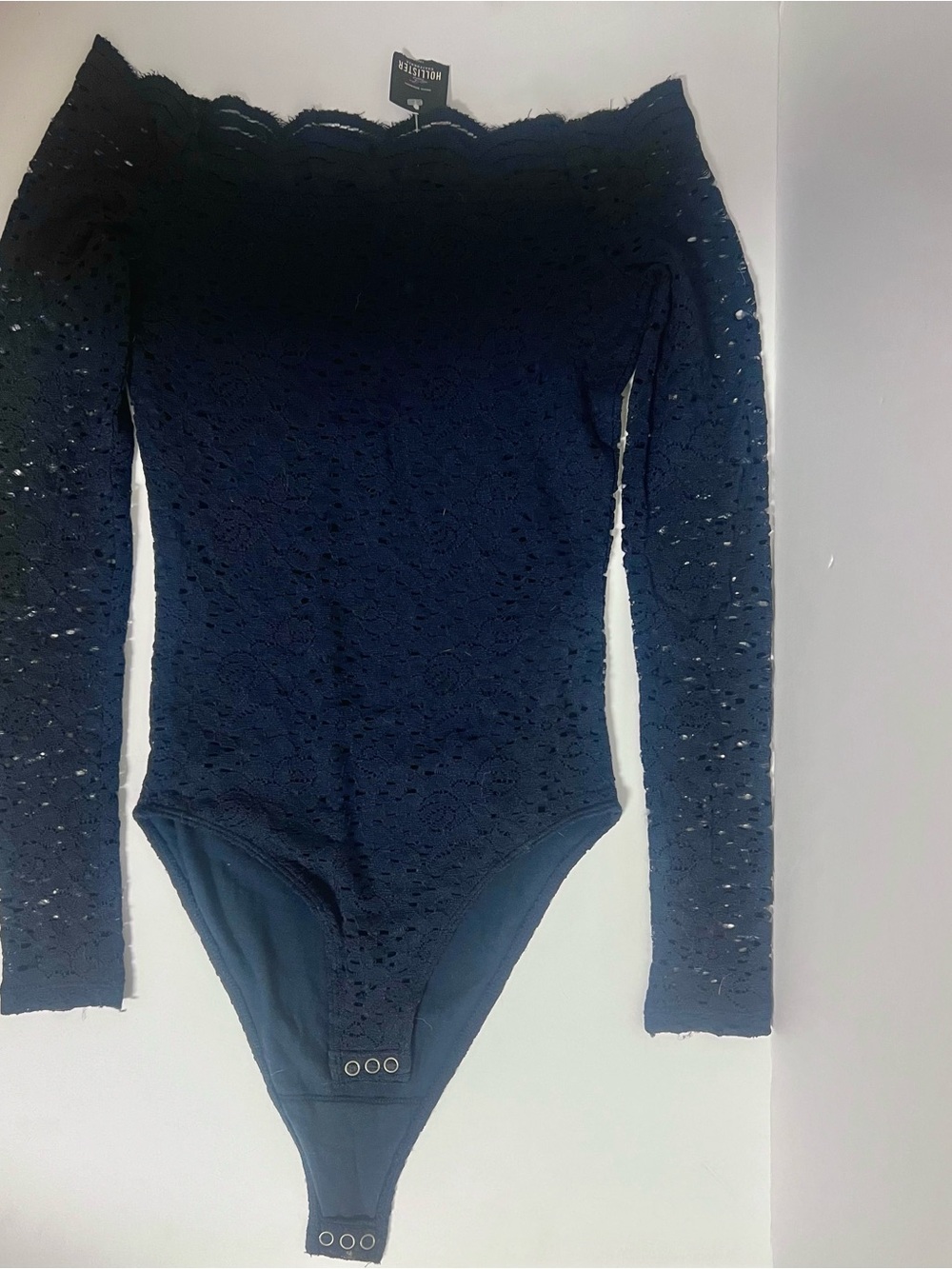 Hollister Navy Lace Off-the-Shoulder Long-Sleeve One-Piece Bodysuit - Kids
